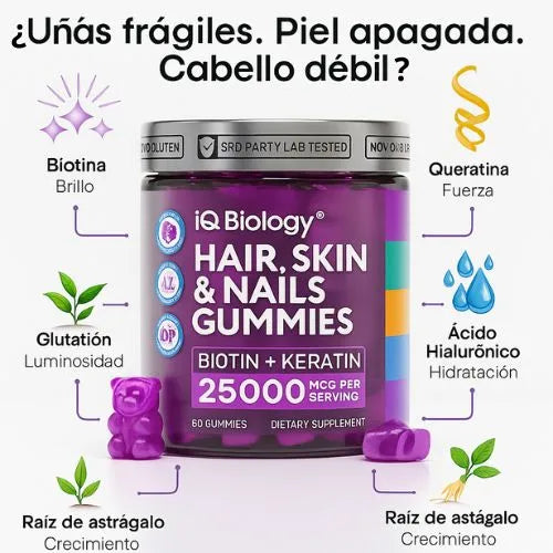 Vitamina 3 en 1: Cabello más fuerte + Piel más luminosa + Uñas más saludables