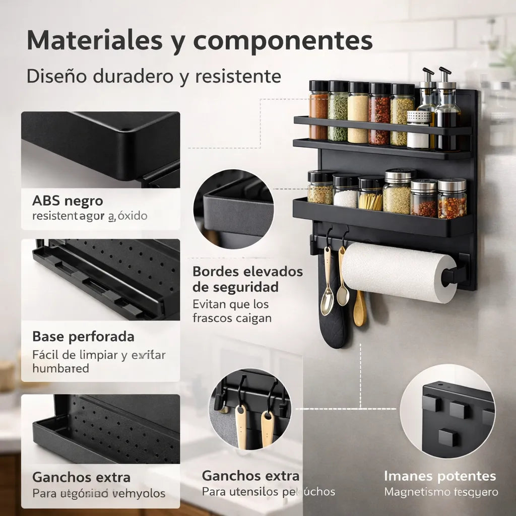 Mantén tus especias ordenadas, visibles y siempre a mano, sin ocupar la encimera ni llenar tus cajones.